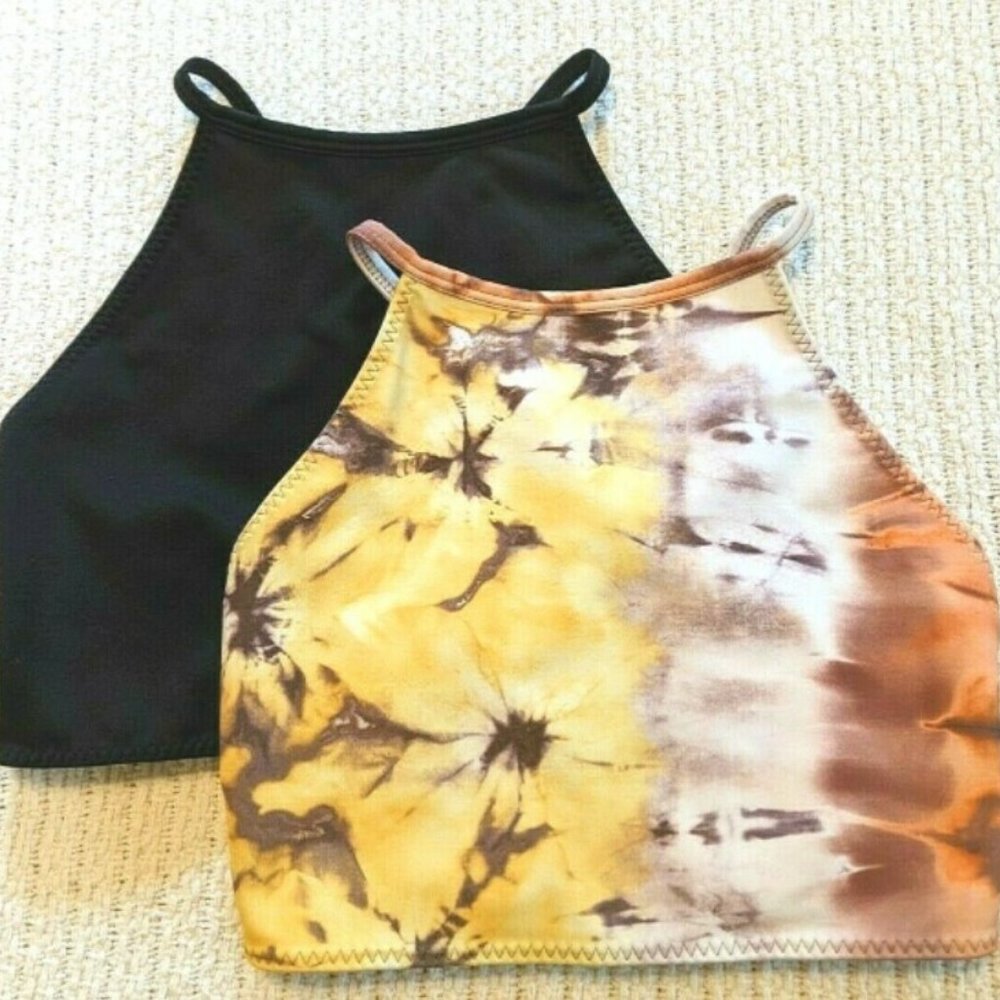 Lot 2 Mika Yoga Wear Lissa Halter Top Black/Tie-Dye XL